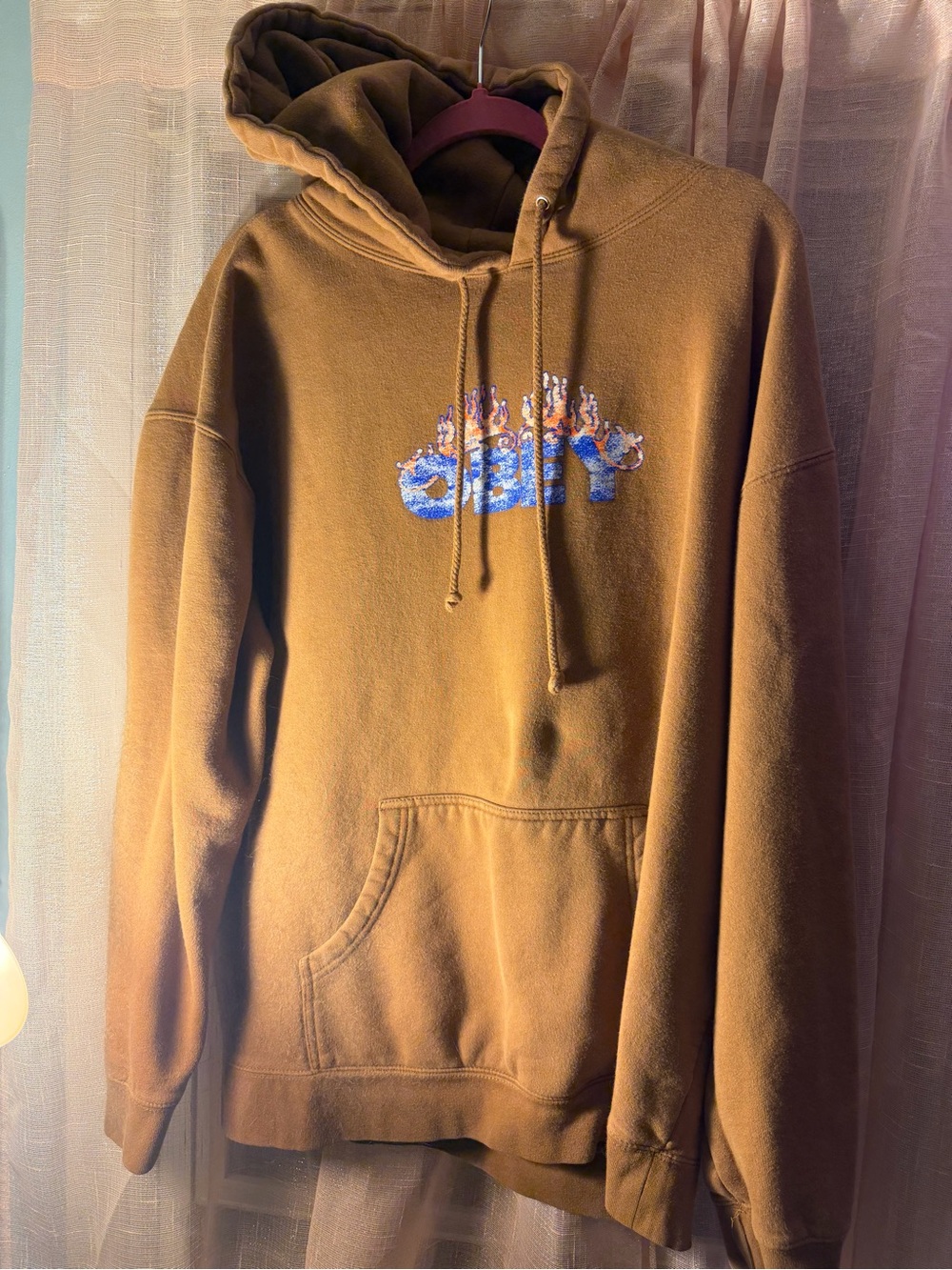 Obey Brown Pullover Hoodie with Blue Flame Graphic
